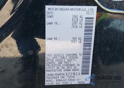 2025 Nissan Altima Sv z USA, uszkodzony, nr VIN 1N4BL4DV0SN377811